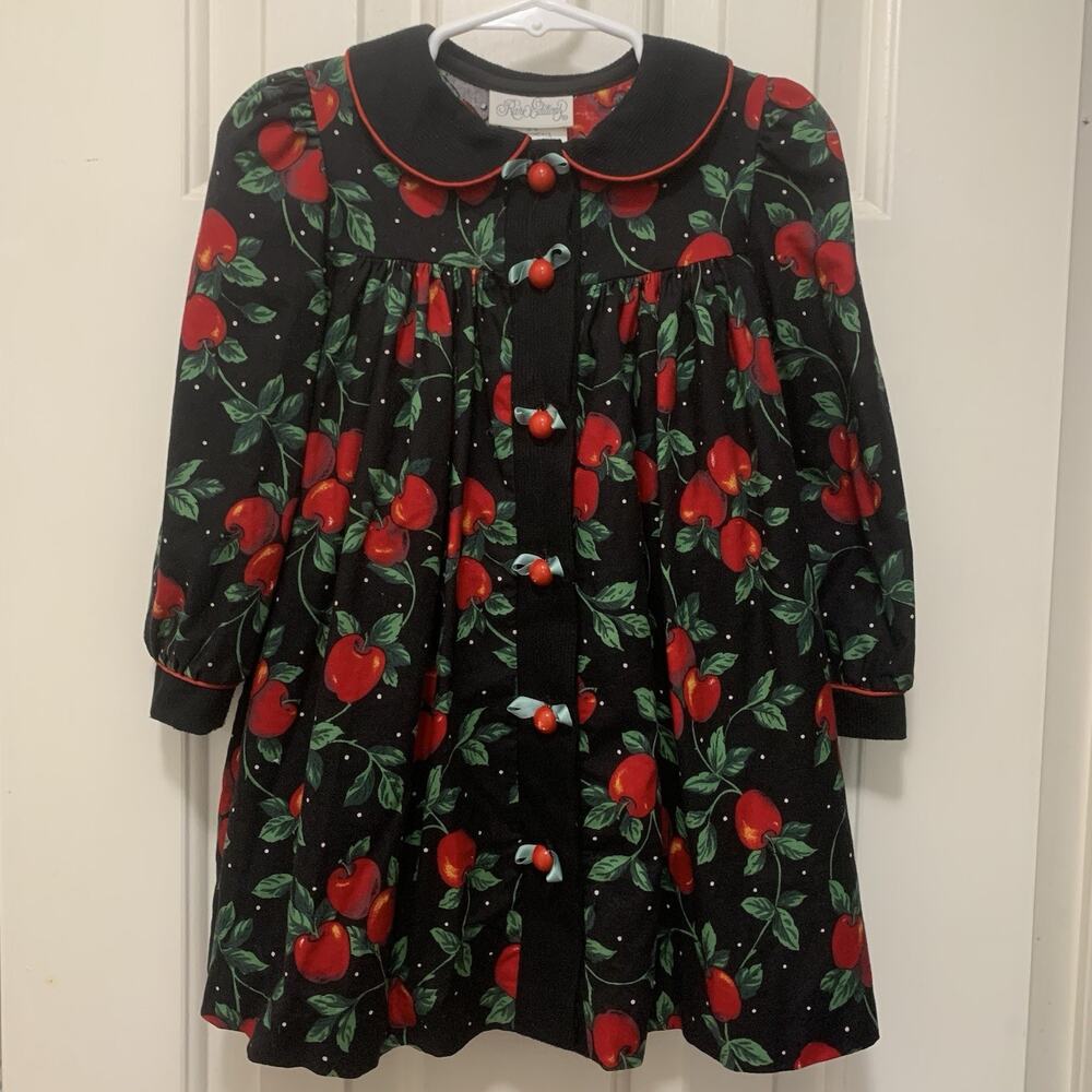 Rare Editions Apple Print Cotton Dress Peter Pan Collar Button Front Girls 3T
